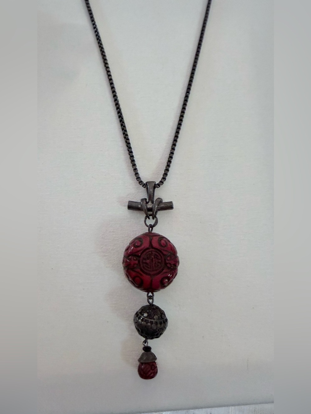 Chico's Asian-Inspired Carved Faux Cinnabar Pendant Necklace